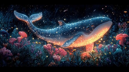 Wall Mural -   A humpback whale painting surrounded by seaweed, corals, stars, and bubbles