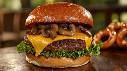 Wall Mural -   Cheeseburger with mushrooms, lettuce, and pretzel on bun