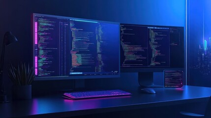 Programmer's Workspace - Modern Tech Setup with Blue and Purple Lighting
