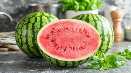 Wall Mural -   A watermelon cut in half sits on a table, near a knife and potted plant