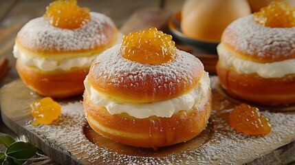 Wall Mural - Tasty cream filled doughnut cakes with apricot jelly spread on top