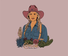 Wall Mural - cowgirl in hat with cactus flower vector illustration, western country girl artwork for t shirt, graphic print, poster