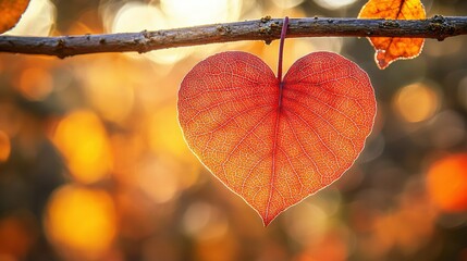 Wall Mural -   Heart-shaped leaf dangling from a forest's branch amidst autumn colors