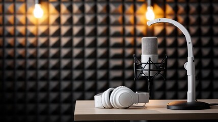 Stylish microphone and headphones set up against a modern acoustic wall, perfect for music production or podcasting.