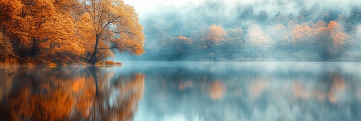 Autumn Reflections, tranquil lake mirroring vibrant fall foliage, softly blurred shoreline enhancing the peaceful ambiance of nature