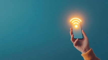 Wall Mural - A hand holding a smartphone with a glowing wireless symbol, representing seamless communication and connectivity.