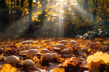 Wall Mural - Mushrooms on Leaves Pile