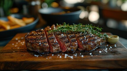 Wall Mural -   A close-up shot of a juicy steak on a cutting board next to crispy fries and a glass of red wine