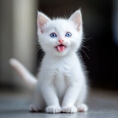 Wall Mural -   A white kitten with blue eyes sits on the floor with its mouth open and tongue out