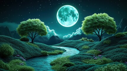 a river of liquid moonlight winds through a surreal dreamscape, its banks lined with impossible flor