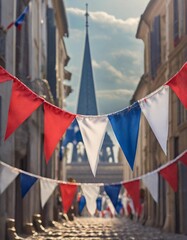 Isolated Bastille Day decoration with depth of field showcasing red, white, and blue bunting