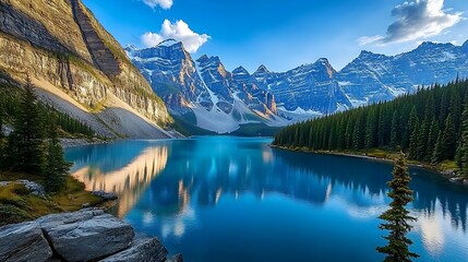 Wall Mural - Tranquil Mountain Lake with Majestic Peaks and Pristine Waters