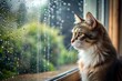 © Introvertia - Fluffy cat looking out rainy window with blurred background