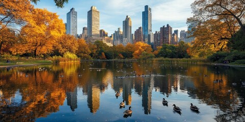 Wall Mural - a pond in a city park, with ducks swimming and high-rise buildings reflecting in the water