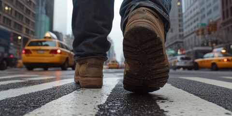 Wall Mural - a pedestrians feet stepping onto a crosswalk, captured in the raw style of street photography