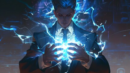 Wall Mural - A Man in a Suit Controlling Blue Energy with His Hands