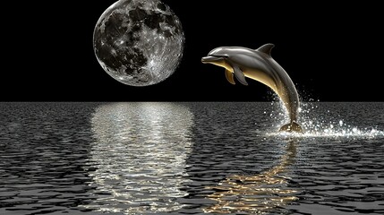 Wall Mural -   A dolphin leaping from water towards a full moon, mirrored in the surface below