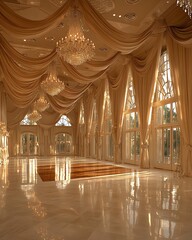 Poster - An empty ballroom with large windows, draped in sheer fabric and chandeliers.