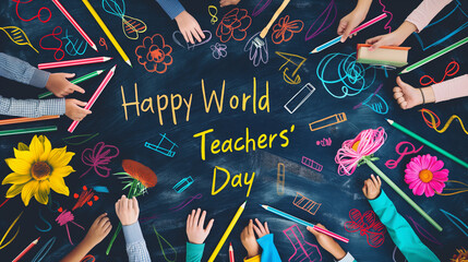 A blackboard decorated with school supplies such as pencils, rulers, and books, with the words Happy World Teachers' Day written in colorful chalk in the center. 