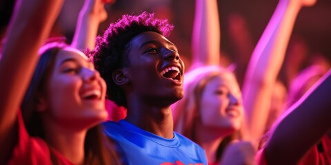 Aufkleber - Students cheer at a school sports event, with a close-up on enthusiastic expressions and team colors, as dynamic lighting emphasizes the spirit of school events