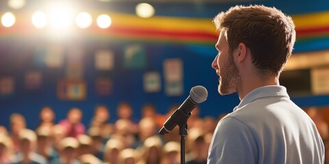 Aufkleber - A close-up shows a teacher speaking at a school assembly, focusing on the microphone and engaged expression, as bright lighting reflects the significance of the event