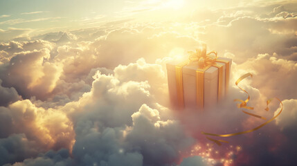 A massive gift box floating among fluffy clouds in a sunset sky, with golden ribbons trailing below. Sunbeams break through the clouds, casting a warm, magical glow on the gift. 