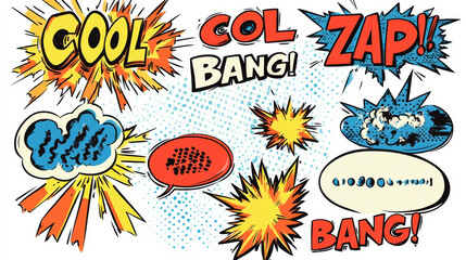 Wall Mural - This set of illustrations includes speech bubbles, thought bubbles, and explosions, perfect for adding humor and dialogue to your comic book or cartoon.