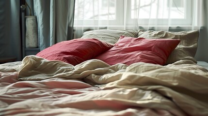 Canvas Print - The bed has a red and pink pillow and a rumpled unmade brown blanket