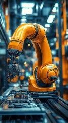 Fototapete - Close-up of an orange robotic arm with intricate details, performing an automated task on an assembly line.