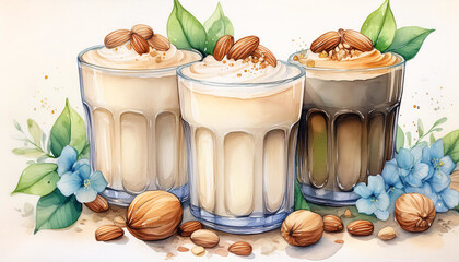 Three glasses of creamy, frothy drinks topped with almonds and sprinkled with spices, surrounded by leaves and almonds