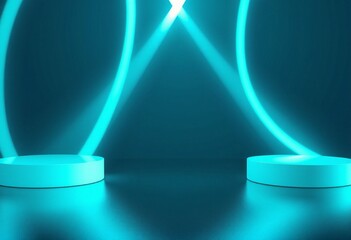 Two cyan podiums with neon blue light effect.