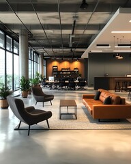 Aufkleber - Contemporary office lounge area with brown leather sofa, black armchairs and a coffee table.