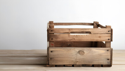 Wall Mural - Wooden crate on table against white background. Space for text