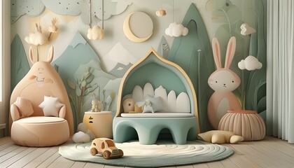 Wall Mural - Biophilic Childrens Room Design Featuring Soft Calming Colors and Organic Shapes in a 3D Style