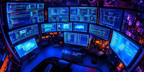 Wall Mural - Macro shot of a network administrator's workspace, multiple screens displaying different aspects of network health, performance, and monitoring.