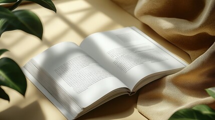 Wall Mural - An open book resting on soft fabric with plants nearby.