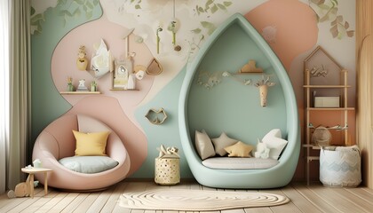 Wall Mural - Biophilic Childrens Room Design Featuring Soft Calming Colors and Organic Shapes in a 3D Style