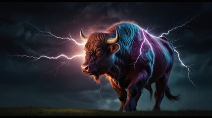 Poster - Powerful Bull with Lightning