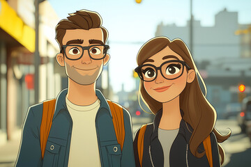 Young hipster couple walking in the city illustration