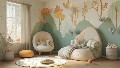 Wall Mural - Biophilic Childrens Room Design Featuring Soft Calming Colors and Organic Shapes in a 3D Style