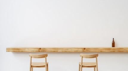 Long wooden bar table top paired with two minimalist chairs isolated on a white background ideal for use with various backgrounds or product displays