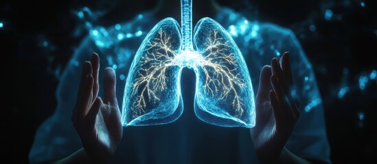 Wall Mural - futuristic digital visualization of human lungs with glowing neural network in a dark background