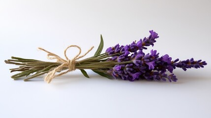 A cluster of bright purple lavender blossoms tied together with natural twine