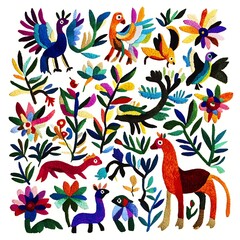 Wall Mural - Colorful Embroidery with Animals, Flowers, and Plants.