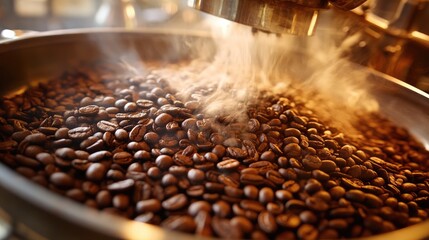 Freshly roasted coffee beans cooling in a large cylinder showcasing motion blur and selective focus