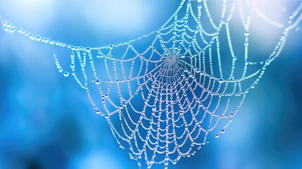 Dew covered spider web shimmering against a blue backdrop highlighting the intricate beauty of nature