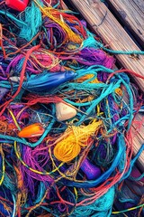 Colorful fishing net tangled on a wooden dock.