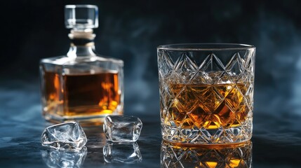 Faceted crystal glass filled with whiskey and ice alongside a crystal bottle against a dark backdrop