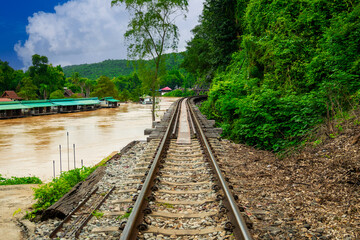 The Death Railway crossing kwai river with Krasae Cave in Kanchanaburi Thailand Important landmark and destination to visiting and world war II history builted