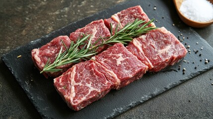 Marbled raw steaks with rosemary sprigs are arranged on a black stone platter ready for cooking on the table